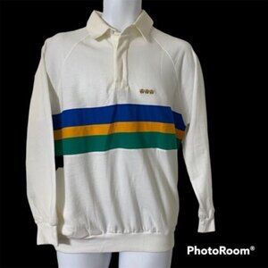 Davidson's of Bermuda Men’s Polo Shirt M White Blue Yellow Green Stripes Crowns